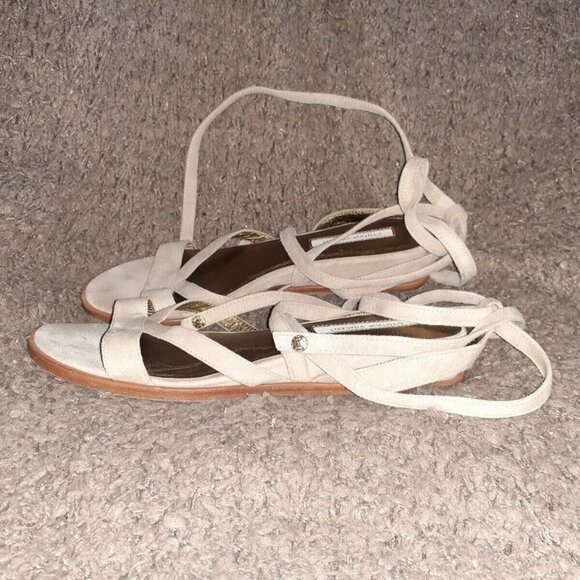 CYNTHIA VINCENT-Patience-Latte Suede-Ties-Mini Wedge Flat Sandals-Sz 8-Excellent - Picture 2 of 5
